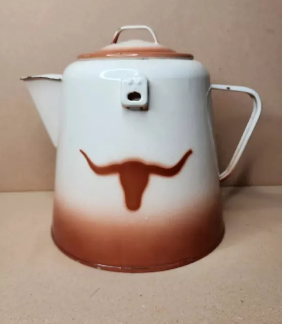 VNTG large Tan Orang longhorn Enamelware Cowboy Coffee Pot Kettle And 5  Cups Mug