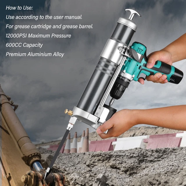 600CC ELECTRIC GREASE Gun Drill Adapter 12000PSI Locking Grease Gun