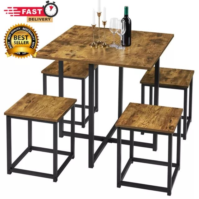 5Pcs Dining Set with Industrial Square Table and 4 Backless Chairs, Rustic Brown