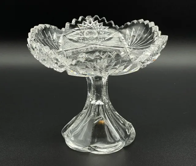 ABP American Brilliant Cut Glass Footed Compote Fluted Stem Cross Cut Hobstar
