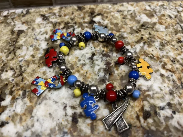 Autism Awareness Colorful Puzzle Piece and Ribbon Stretch Bracelet Jewelry