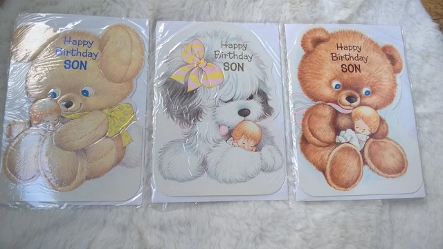3 x Vintage Birthday Greetings Card, Happy Birthday Son - Unused with envelopes
