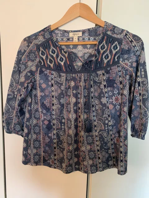 Style & Co Women's Printed Lace-up Peasant Top Blue Size Petite S