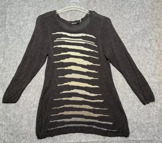NIC ZOE Sweater Womens 1X Gray Ivory Pullover Linen Blend Knit Semi Sheer Beachy