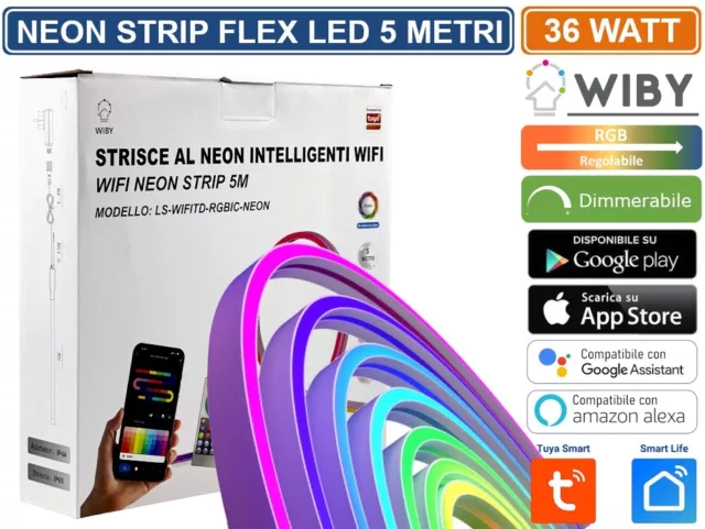 Striscia Led Neon Flex Rgb Intelligente 5M 36W Wifi App Tuya Smart Life Ip65