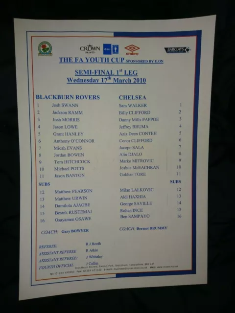 2009/10   Blackburn Rovers   v   Chelsea   FA Youth Cup Semi-Final   17/3   MINT