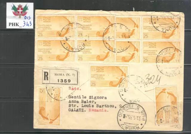 PHK_343_BIS. KINGDOM. RARE letter w. blocks of 1935 BELLINI air mail stamps