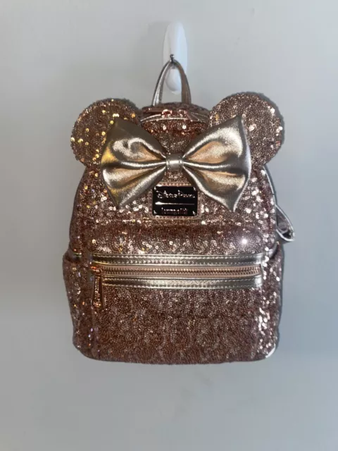 Disney Parks Bria Rose Gold Sequin Loungefly Minnie Mouse Bow Backpack NWT WDW