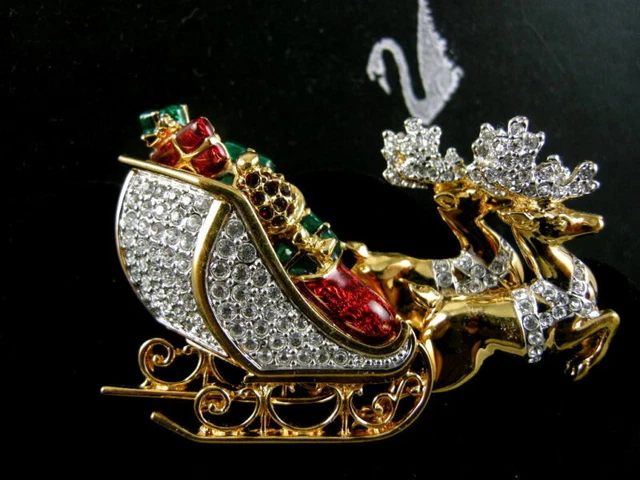 Signed Swarovski Crystal Reindeer Sleigh  Pin~Brooch Retired New In Box