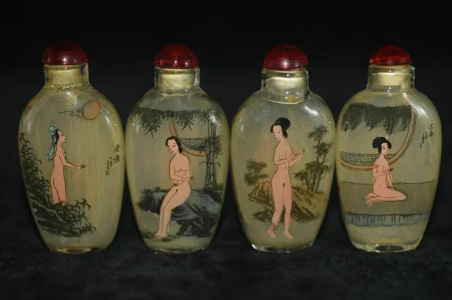 4pc Chinese folk Inside painting “Beauty Figure” glass snuff bottle 2