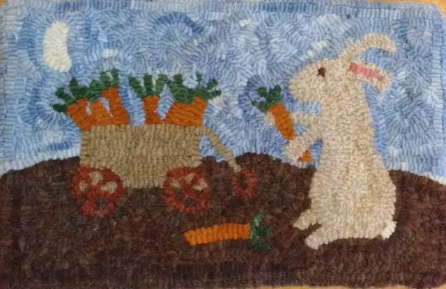 Kit de enganche de alfombra primitiva, enganchado, conejito de zanahoria, lino, lana