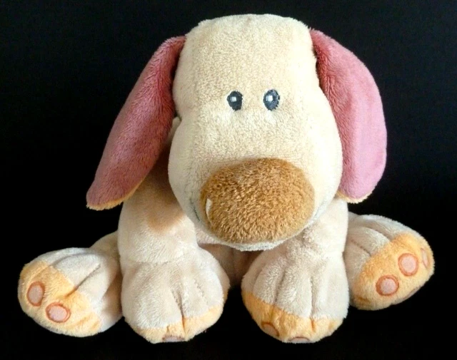 Y1. DOUDOU PELUCHE NATTOU CHIEN BEIGE ORANGE ROSE COLLIER BLEU BO 25cm - TBE