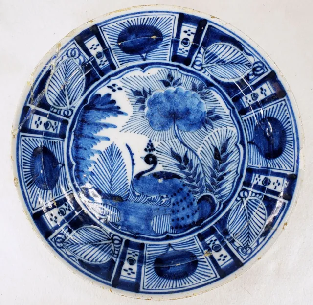 Large Antique 17th or 18th c. Dutch Delft Charger Peacock Design Blue & White