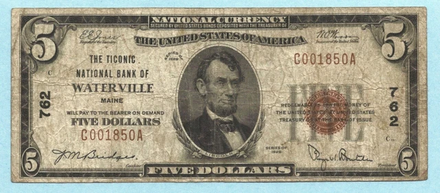 $5 National Currency 1929 - Type 1 - Ch#762 - Ticonic NB, Waterville, ME - VF
