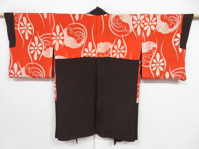 1005i01z630 Vintage Japanese Kimono Silk URUSHI HAORI Black Red-Brown