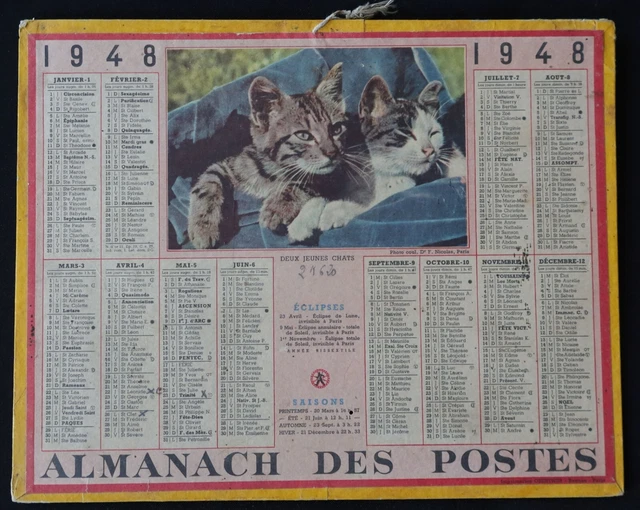 1948 CALENDRIER ALMANACH PTT POSTES OBERTHUR Deux jeunes chats Cat