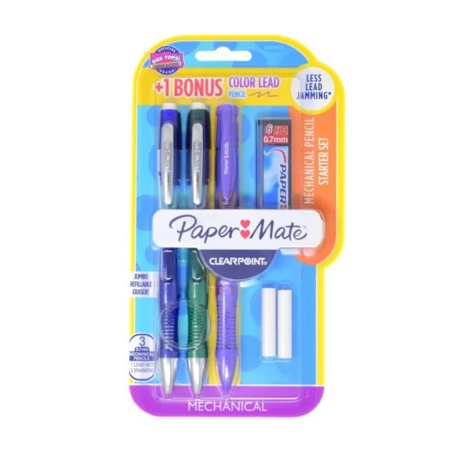 Paper mate Clearpoint 0.7mm 2 Pencils + Purple Colored Pencil 2 Erasers & 6 Lead