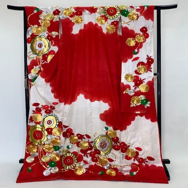 Furisode Color Uchikake VINTAGE Japanese Kimono Silk red classic 1634