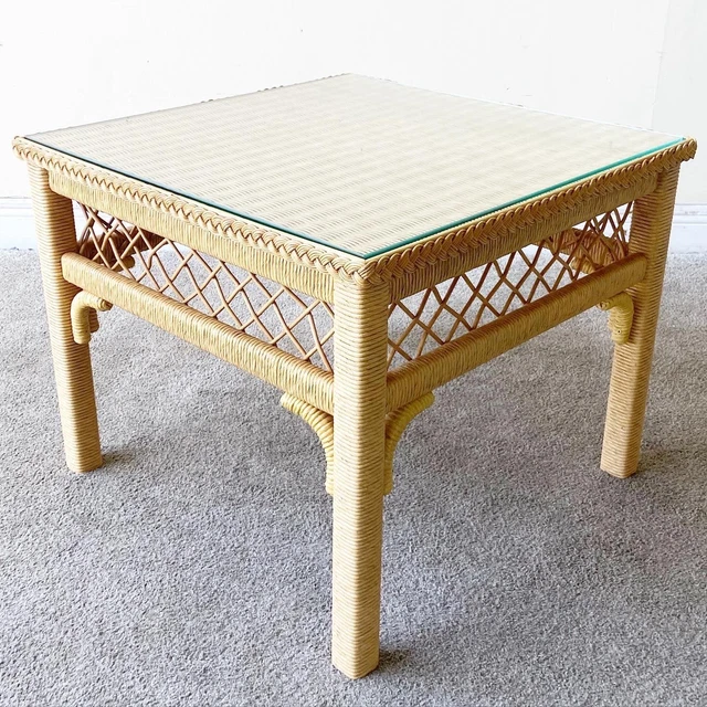 BOHO CHIC HENRY Link Wicker Glass Top Side Table 395.00 PicClick