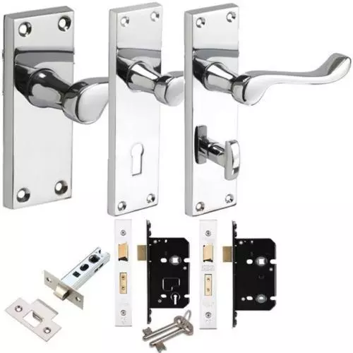 Scroll Mortice Door Handle in Polished Chrome Latch Lock and Bathroom Set Packs