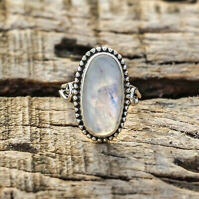 Arc-en-Ciel Lune Pierre Naturel Précieuse 925 Argent Sterling Bijoux Bague 3 To 