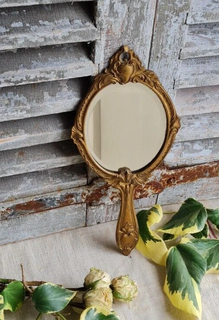 Ancien Miroir à Main Biseauté Avec Étui En Cuir Façon Reptile - Vintage
