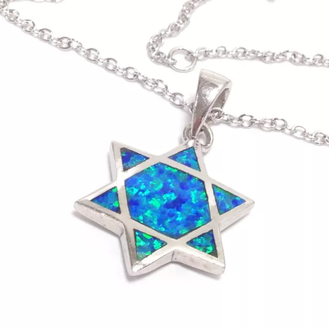 Unsigned 925 Sterling Silver Blue Fire Opal Star of David Pendant Necklace Adj.