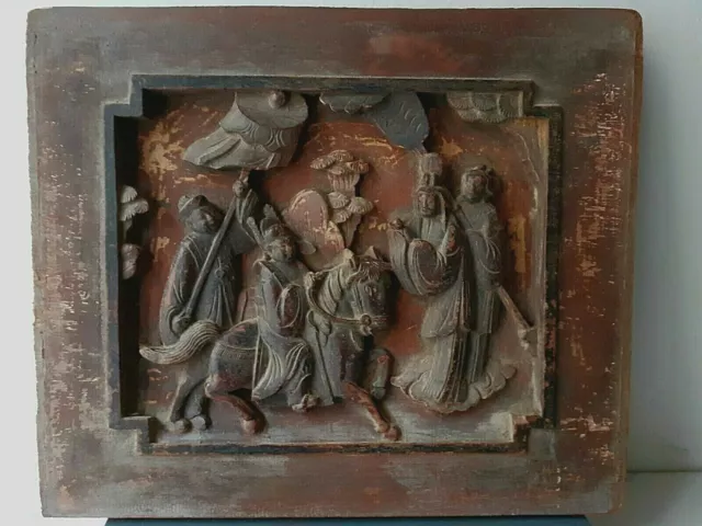 Ancien panneau en bois sculpté, bas relief chinois QING XIXe