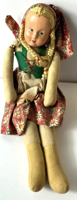 Vintage Polish Rag Doll Hand painted Celluloid face Cloth Body 12”