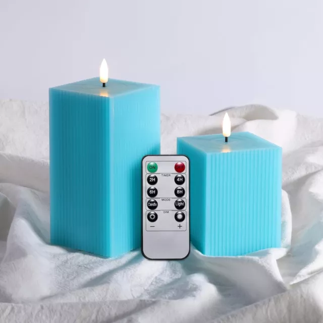 Eywamage Teal Blue Square LED Candles, Ribbed Flameless Candles with Remote, Bat