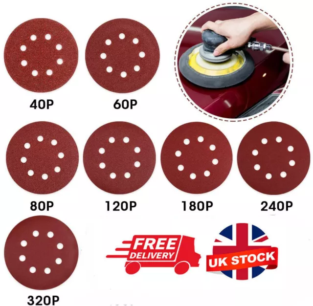 125mm - 5" 8 Hole Sanding Discs 40 60 80 120 240 320 Grit Orbital Sander Pad UK