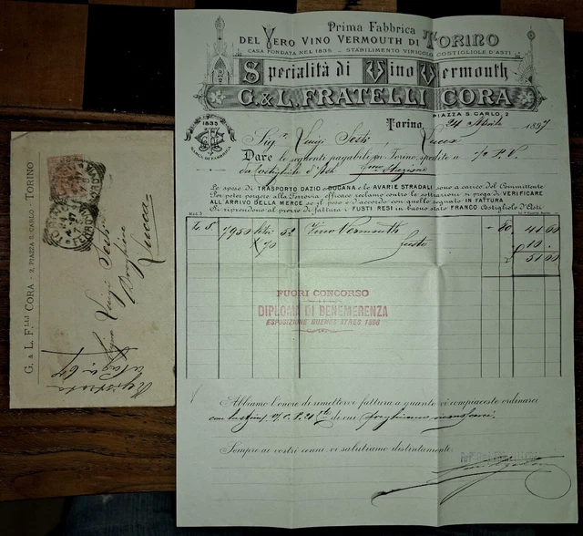 Molto Rara 1897 Fattura F.lli Cora 1^ Fabbrica di Vino Vermouth di Torino