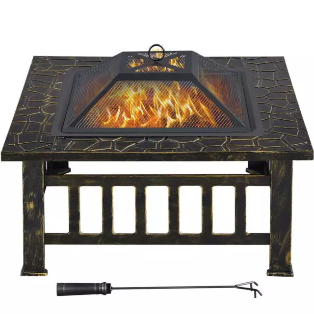 Outdoor 32" Square Metal Fire Pit Table Spark Screen Bronze Withstand 400-600℃