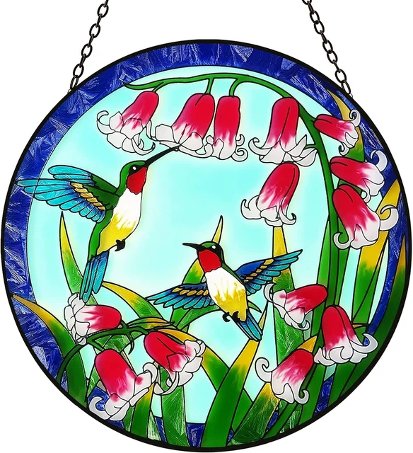 Stained Glass Window Hanging 10” Hummingbirds Suncatcher for Window Handcrafted