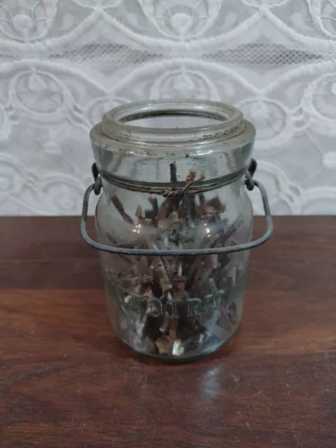 Early Antique Leotric Aqua Mason Canning Jar FULL Of Old Square Nails Hardware