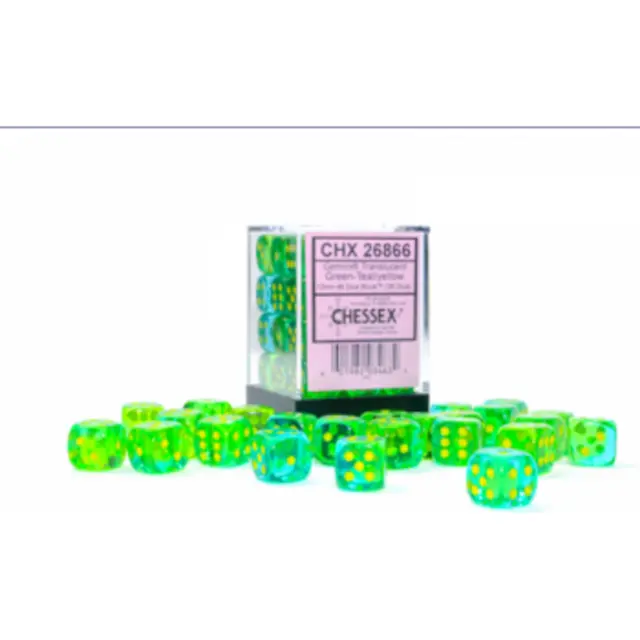 Chessex Gemini 12 MM D6 Translucent Green-Teal / Yellow Dice Block - 36 Dice