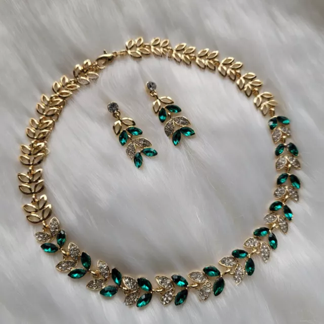 Emerald Green Crystal Statement Necklace Set in Gold | Delicate | Bridgerton