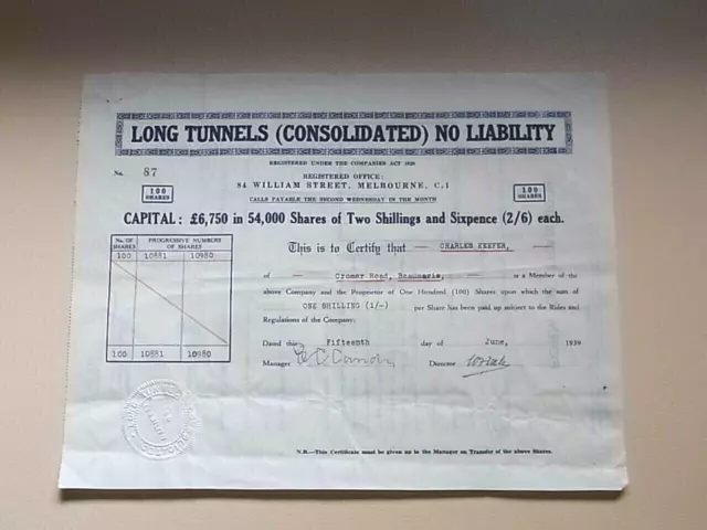 Share Scrip - Mining. 1939 Long Tunnels (Consolidated) N/L.. (Gippsland?? Vic)