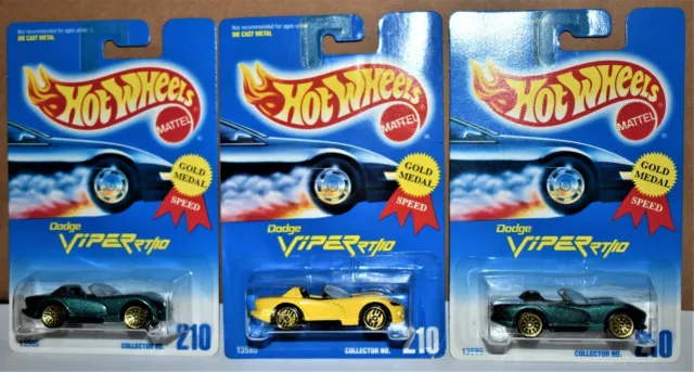 1992 Hot Wheels Vipers RT/10 Yellow and 2 Greens (UK) 1/64 Gold Medal Speed NOC