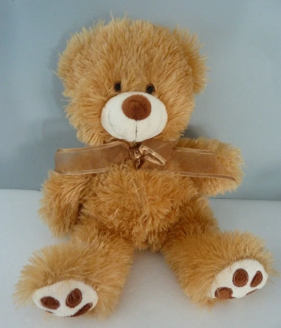 E8. DOUDOU PELUCHE OURS Temps L beige blanc marron noeud 28cm - ETAT NEUF *