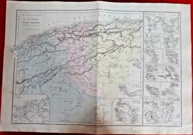 Old Map of Algeria 1870 French Colonies Guyana Bourbon Oran Algiers