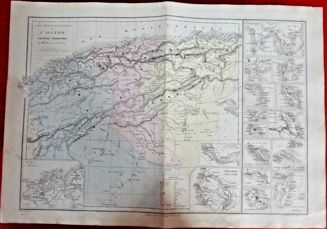 Old Map of Algeria 1870 French Colonies Guyana Bourbon Oran Algiers