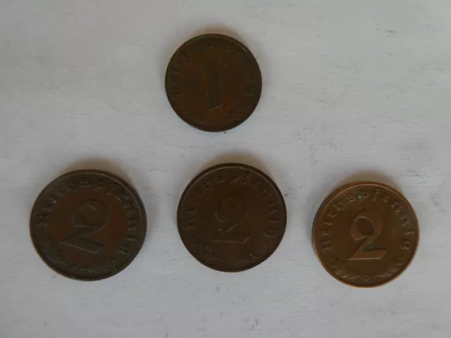 Münzen: Deutsches Reich (1937-1939): 1- u. 2- Reichspfennig (A,D,F) (4 Stk.)