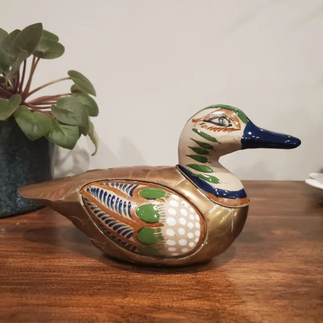 Vintage Mexican Tonala Ceramic Pottery Armored Brass Hand Painted Duck