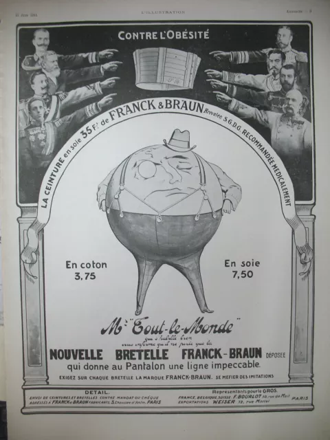 Publicite De Presse Franck & Braun Bretelles Et Ceinture En Soie French Ad 1911