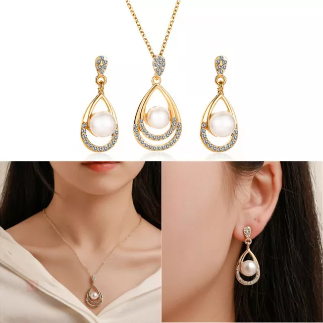 Necklace Set Earrings Pearl Crystal Prom Jewellery Bridal Wedding Party Diamante