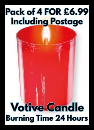 4 VOTIVE TABLE CANDLES IN RED HOLDERS WE HAVE 100's OF OTHER RELIGIOUS ITEMS