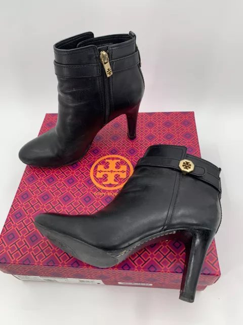 Tory Burch Black Brita 85MM Mid Heel Women’s Leather Bootie Size 7M With Box