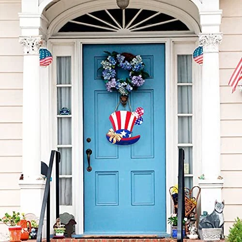 4th of July USA Hanging Wooden Door Sign Uncle Sam Patriotic Hat Wall Decor