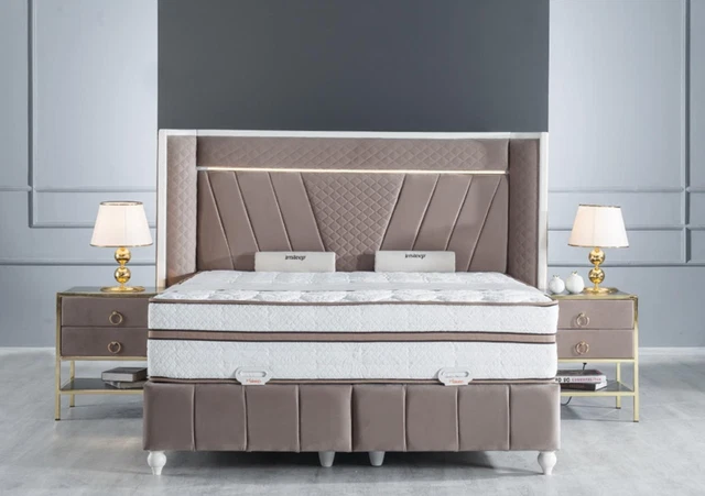 Luxe Chambre à Coucher Set Beige Lit 2x Table de Chevet Lits Meuble LED 3tlg